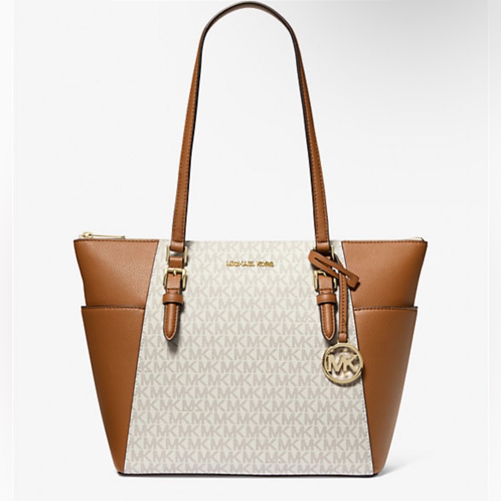 NWT Charlotte Large Logo and Leather Top-Zip Tote Bag - Picture 1 of 11